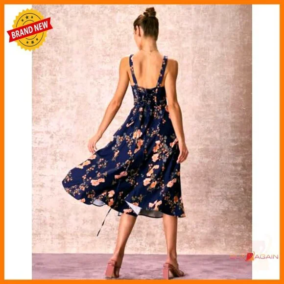 Vintage Square Neck Floral Dress Adjustable Bust A-Line Summer Short Sleeve - Picture 2 of 7